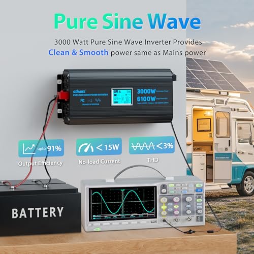 3000 Watt Power Inverter Pure Sine Wave with 6100Watt Surge for 2S 12V DC to 120V AC Converter