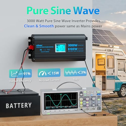 3000 Watt Power Inverter Pure Sine Wave with 6100Watt Surge for 2S 12V DC to 120V AC Converter