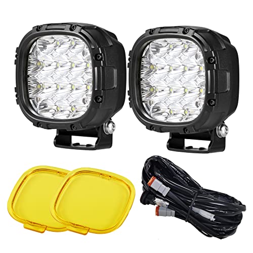 4 Inch Pair 160W Round LED Offroad Lights Super Bright Driving Offroad Pod Lights Fog Lights Work Light Bumper Light Pods with Amber Covers Wiring Harness for Pickup Trucks SUV UTV ATV (2 Count)