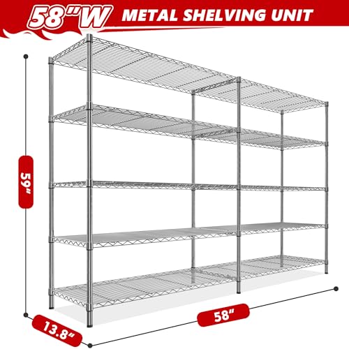 58" W Storage Shelves Wire Shelving 1400LB Metal Shelves for 5 Tier Shelving Unit with Shelf Adjustable Garage Shelving Rack for Pantry Kitchen Garage
