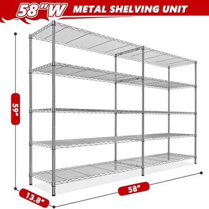 58" W Storage Shelves Wire Shelving 1400LB Metal Shelves for 5 Tier Shelving Unit with Shelf Adjustable Garage Shelving Rack for Pantry Kitchen Garage