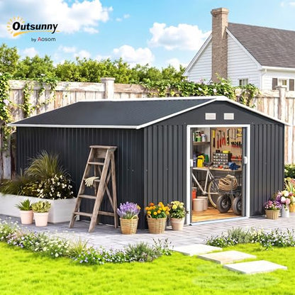 11' x 13' Outdoor Storage Shed Garden Tool Metal Shed Dark Gray