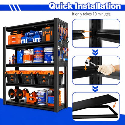 Garage Shelving Unit 5 Tier Metal Rack with Pegboard and 20 Hooks