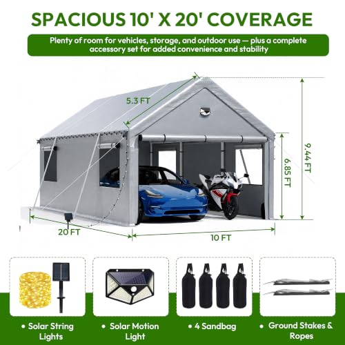 10x20FT Carport Heavy Duty Portable Garage Storage Tent with Large Rolll UP Window & Door