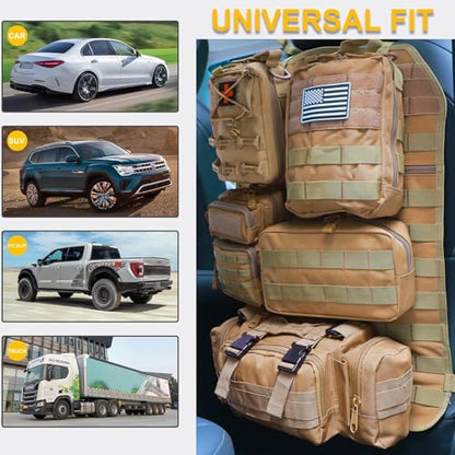 Universal Tactical Car Seat Back Organizer Bag Tactical Molle Vehicle Organizers Panel Vehicle Protector Organizers with 5 Detachable Pouches for Car Truck Ford Jeep