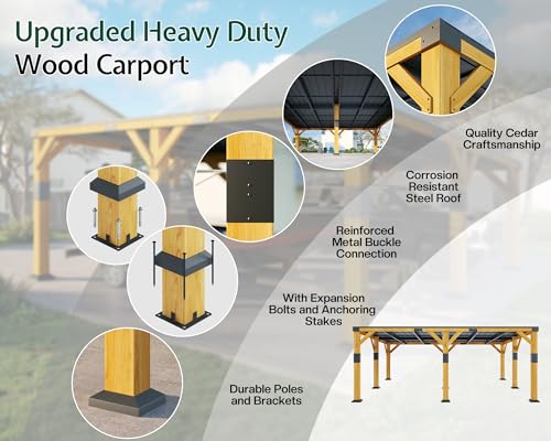 20x20x9.2 FT Heavy Duty Cedar Wood Carport for 2 Cars