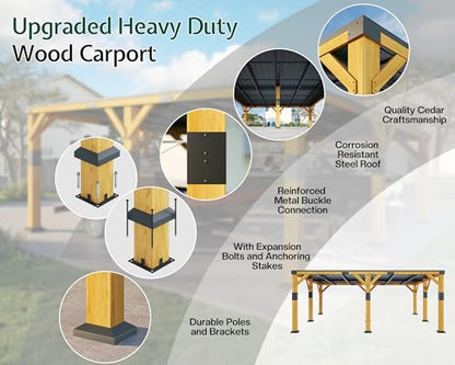 20x20x9.2 FT Heavy Duty Cedar Wood Carport for 2 Cars