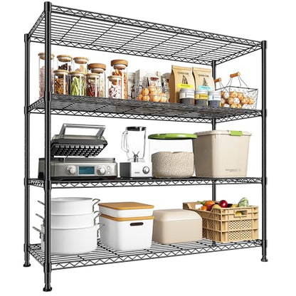 Extra-Wide 4-Tier 800LBS Storage Rack, Adjustable Shelves, Black