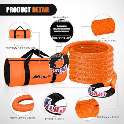 Kinetic Recovery Rope 33000 LBS 1" x 30ft Snatch Strap Heavy Duty Offroad Towing Starp Kit Vehicle Recovery kit for UTV ATV SUV Truck Car Jeep Tractor