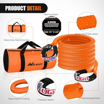 Kinetic Recovery Rope 33000 LBS 1" x 30ft Snatch Strap Heavy Duty Offroad Towing Starp Kit Vehicle Recovery kit for UTV ATV SUV Truck Car Jeep Tractor