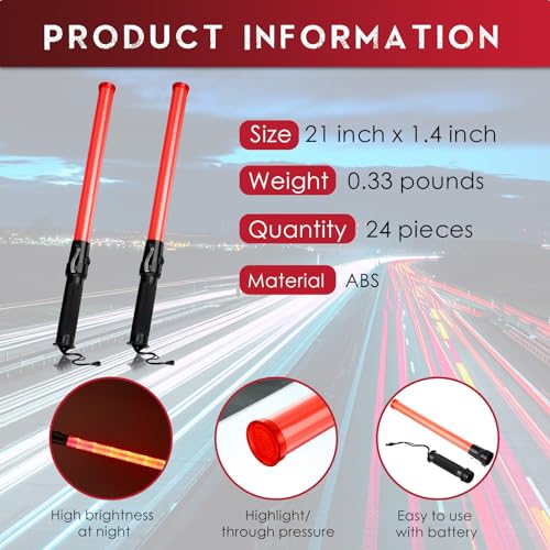 24 Pieces 21 Inch Signal Traffic Wand Safety Traffic Control Wand Safety Baton with 2 Flashing Modes LED Light