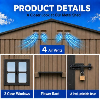 12x10 FT Outdoor Storage Shed with 3 Clear Windows
