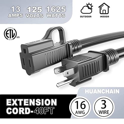 Indoor Outdoor Black Extension Cord 40 FT Waterproof 16