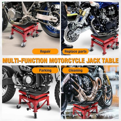 Motorcycle Lift Table Jack 300 LBS Heavy Duty Hydraulic Motorcycle Scissor Jack Lifts Table Foot Pedal with 4 Caster Wheels Wide Deck for Motorbike Dirt Bike ATV Garage Repair Tool