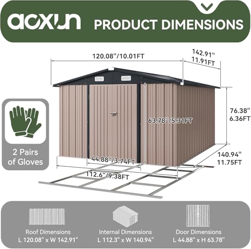 10x12 FT Galvanized Steel Outdoor Storage Shed with Base