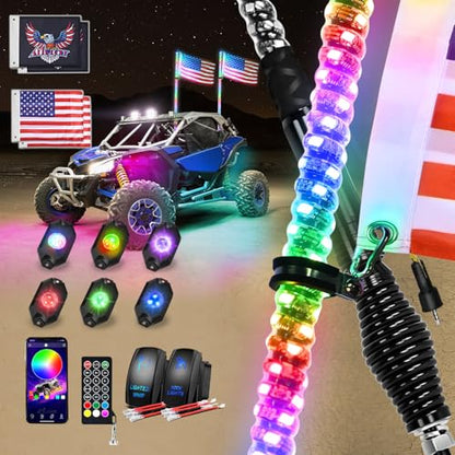 RGB LED Whip Light 2PCS 3FT with 6 Rock Lights Combo