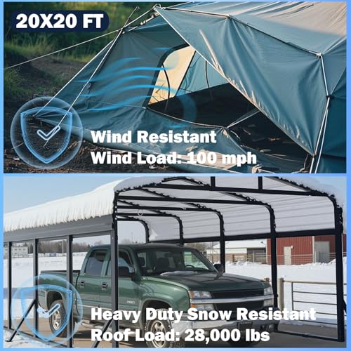 20X20 FT Metal Carport with Reinforced Galvanized Roof