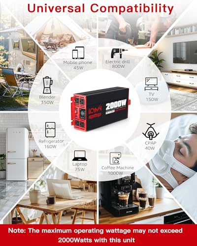 2000 Watts Pure Sine Wave Power Inverter 12V DC to 110V 120V AC Converter for Home RV Off Grid Truck Solar System Inverters with Type