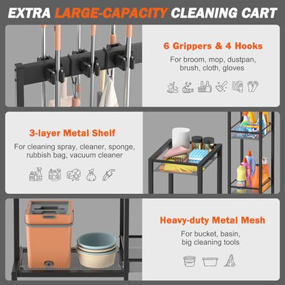 Broom Holder with Cleaning Supplies Organizer