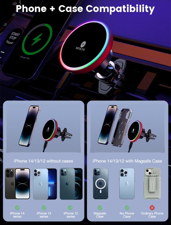 for Magsafe Car Mount Charger 15W LED RGB Car Phone Holder for Dash Vent