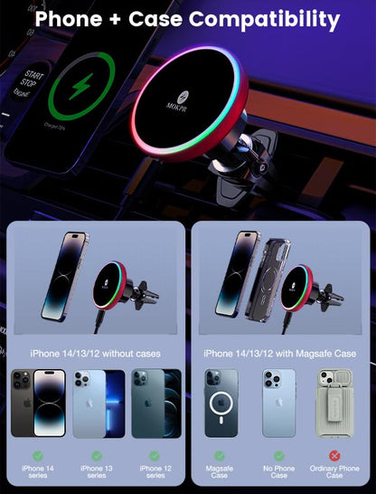 for Magsafe Car Mount Charger 15W LED RGB Car Phone Holder for Dash Vent