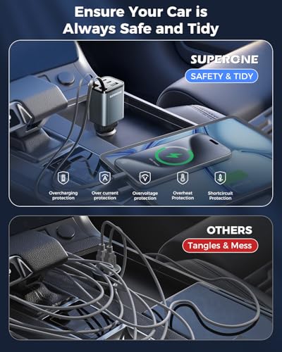 2026 Compact SUPERONE Retractable Car Charger with USB C & Apple Cables