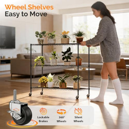 3 Tier Metal Storage Shelves 41''H Wire Shelving with Wheels for Storage Adjustable Heavy Duty Garage Shelving Storage Racks for Pantry Shelves Kitchen Office Garage