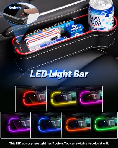 LED Car Seat Gap Filler Organizer Console Side Storage Box Between Seats with Cup Holders RGB Color Changing Storage Front Seat Gap Filler with USB Charging Car Interior Accessories (2 Count)