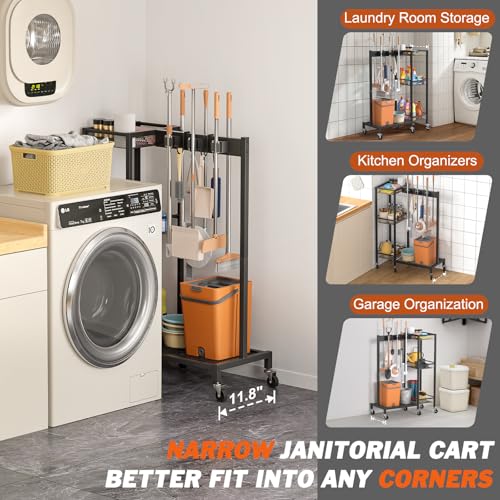 Broom Holder with Cleaning Supplies Organizer