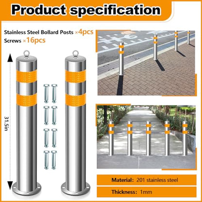31.5 Inch Stainless Steel Bollard Post with Anchor Bolts Parking Barrier Block Safety Bollard Covers with Reflective Strips and Hanging Ring for Parking Lots Driveways Garage Pathways