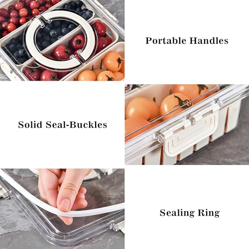 Divided Veggie Tray with Lid and Handle 4 Compartment Serving Tray Portable Travel Snack Storage Containers Stackable Snackle Box Charcuterie Container for Fruit