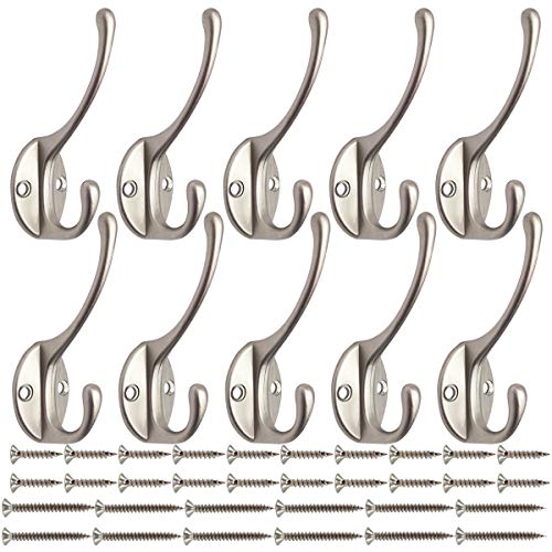 10 Pack Silvery Double Coat Hooks Utility Hooks for Coat (10 Count)