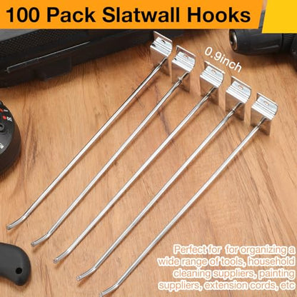 100 Pack Slatwall Hooks Silver Heavy Duty Slat Wall Hooks Metal Slatwall Accessories for Hanging Garage Retail Home Shop Display