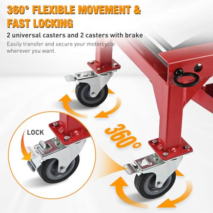 Motorcycle Lift Table Jack 300 LBS Heavy Duty Hydraulic Motorcycle Scissor Jack Lifts Table Foot Pedal with 4 Caster Wheels Wide Deck for Motorbike Dirt Bike ATV Garage Repair Tool