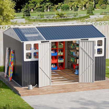 10x12 FT Metal Outdoor Storage Shed with Unique Sunroof Windows Lockable Double Door Air Vent