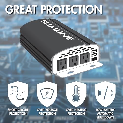 EL3720 1000W Slimline Plus AC to DC Power Inverter 1000 Watt TrueRated Continuous 2500 Watt Surge Power DC 12V to AC 110V Modified Sine Wave 3 AC Outlets and 2A USB Charging Port