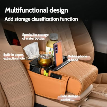 Car Center Console Cover Booster Multifunctional Car Center Console Cushion Pad with Cup Holder & Tissue Box & Side Pockets Arm Rest Cover for Car
