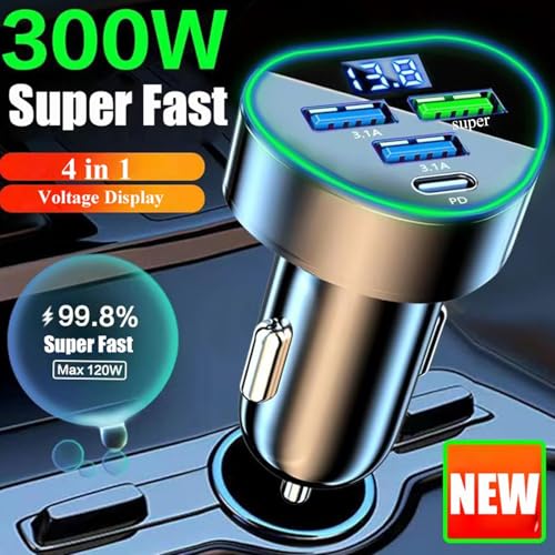 4 in 1 Multi Port USB C Car Phone Charger Adapter with Voltage Display