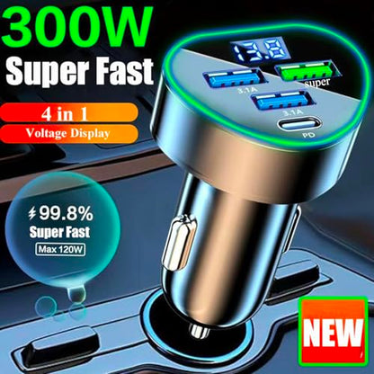 4 in 1 Multi Port USB C Car Phone Charger Adapter with Voltage Display