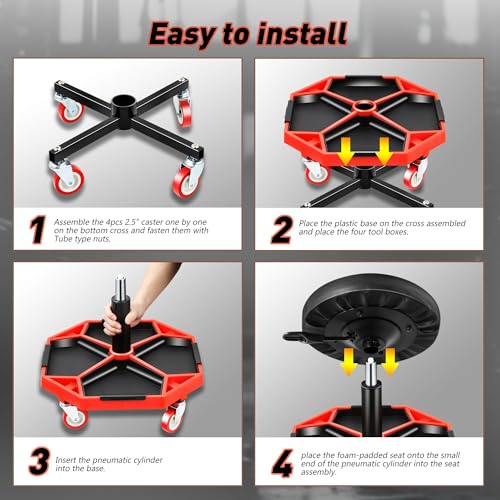 TOOLS 00253 Adjustable Height Pneumatic Garage Seat Rolling Mechanic Stool with Tool Tray Storage