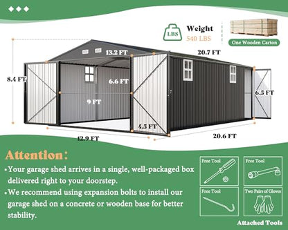 13x21x8.4 FT Garage Shed with Double Hinged Doors