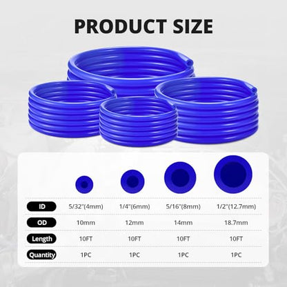 5/32 1/4 5/16 1/2 Silicone Vacuum Tubing Hose Line Kit 10FT 130PSI Max Pressure Blue (4mm 6mm 8mm 12.7mm)