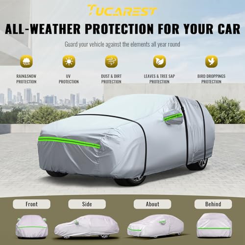 6 Layers Premium Full Car Cover Hard Shell Zipper Design Waterproof All Weather Weatherproof UV Sun Protection Snow Dust Storm Resistant Outdoor with Straps