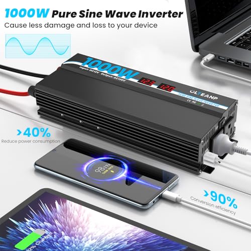 1000W Pure Sine Wave Inverter 12V DC to 120V AC Converter for RV
