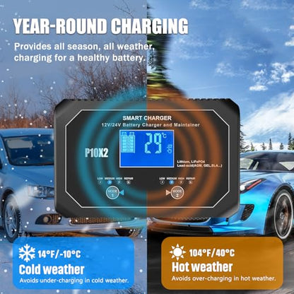 2-Bank(10A/Bank) Car Battery Charger, 12V 24V Lead-Acid, LiFePo4 Chargers