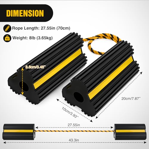 Wheel Chocks Rubber Yellow Reflective Strips 4 Pack with Rope