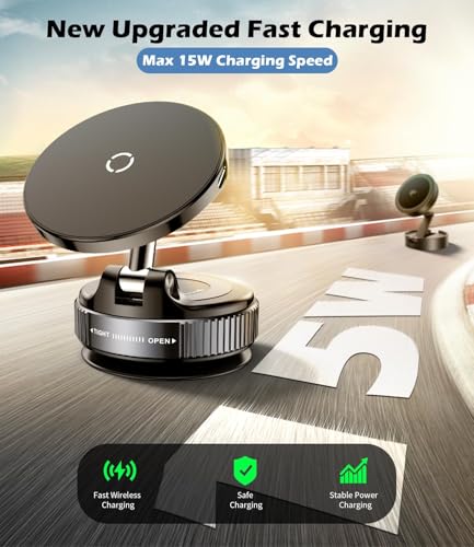 15W Wireless Charger Magnetic Car Phone Holder [Vacuum Suction Cup] 360° Adjustable & Foldable Car Mount for Dashboard