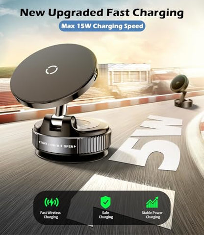 15W Wireless Charger Magnetic Car Phone Holder [Vacuum Suction Cup] 360° Adjustable & Foldable Car Mount for Dashboard