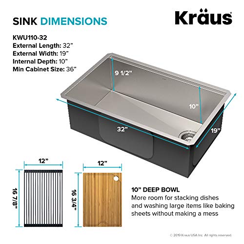 KWU110-32-100-100MB, Kore Workstation 32-inch Undermount 16 Gauge Single Bowl Stainless Steel Kitchen Sink with WasteGuard 1 HP Continuous Feed Garbage Disposal