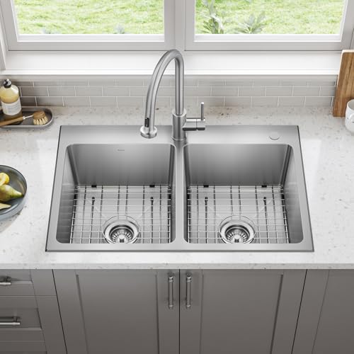Stainless Steel 33 in Double Bowl Drop In Sink KHT632